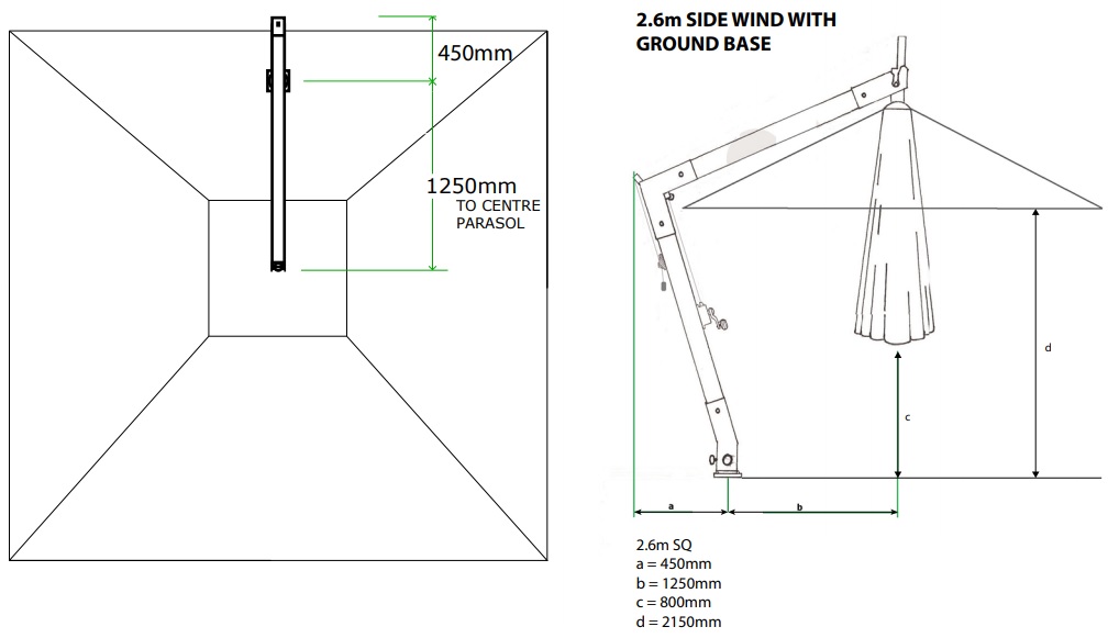 small cantilever parasol measurements with in ground base 